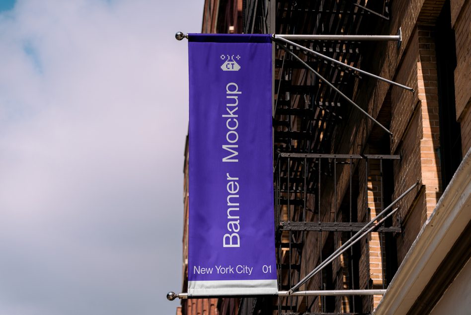 Vertical banner mockup on building exterior with fire escape, showcasing design space for branding, ideal for graphic designers.